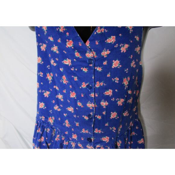 Blue Corduroy Jumper Dress All Over Roses Floral Print Small Vintage 1980s - Picture 3 of 7